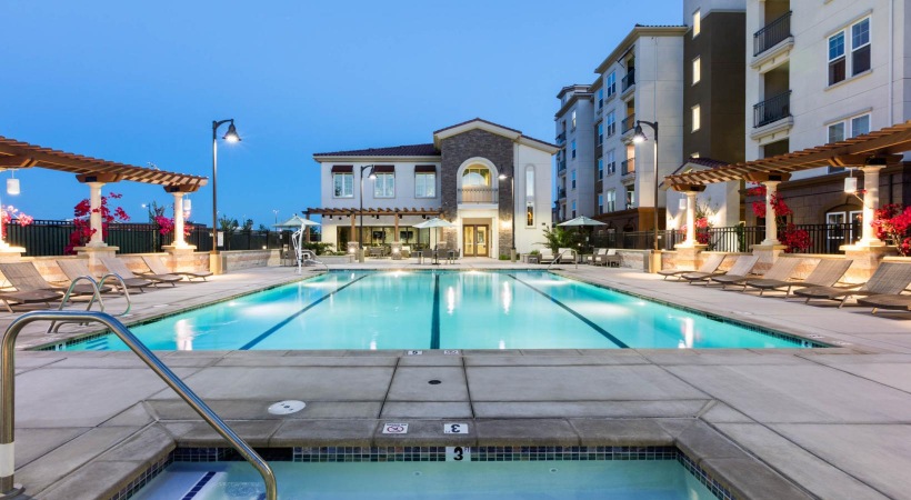 a swimming pool in a city