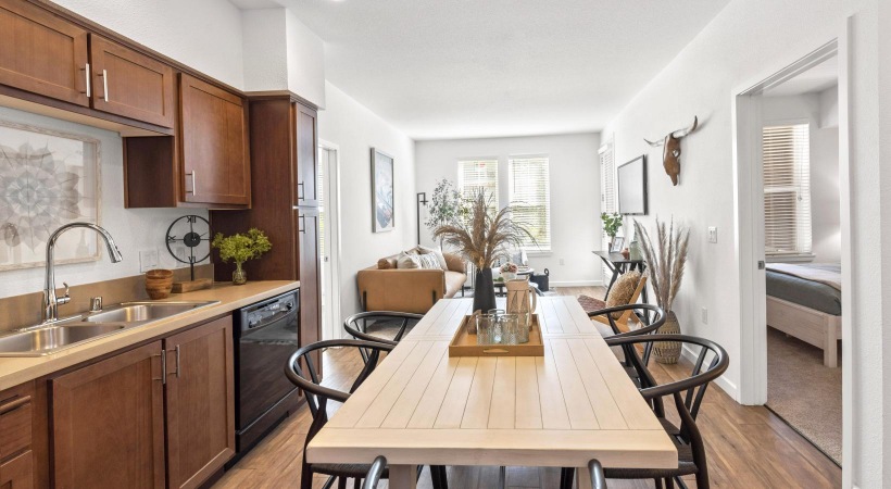 a kitchen with a dining table